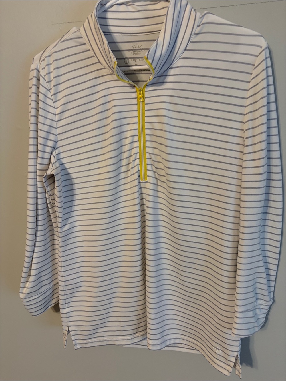 T by Talbots White Long-Sleeve Striped Quarter-Zip Top with Yellow Zip. MP. SPF.